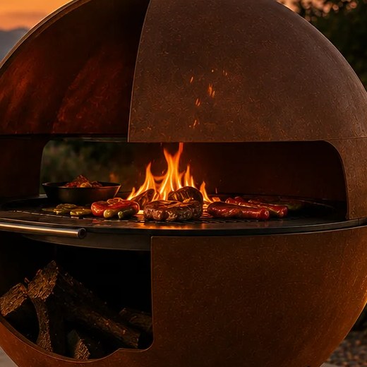 ORBIUM, detalle del fuego en el brasero esférico de acero corten